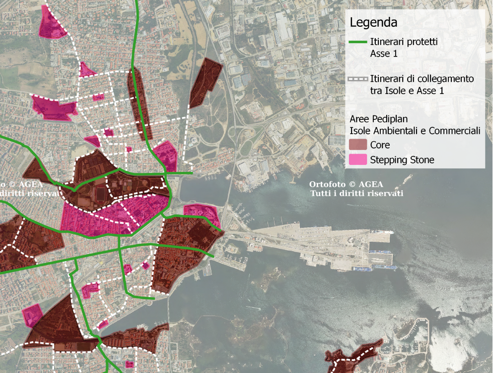 mappa aree core e stepping stone pedonalità